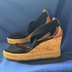 Tory Burch Frieda Black and Tan Cork Wedges